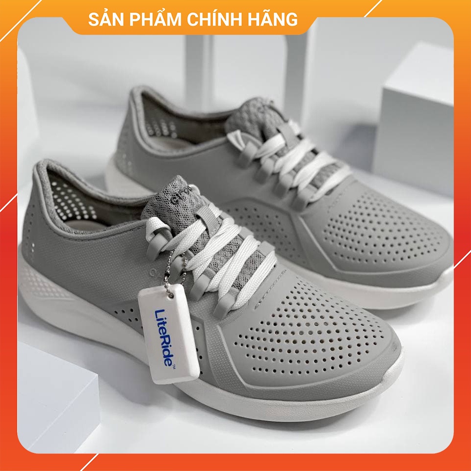 Giày Crocs Xám thể thao Nam Nữ, Giày Cột Dây Unisex Literide Pacer Chính Hãng - Sấu Vui Vẻ