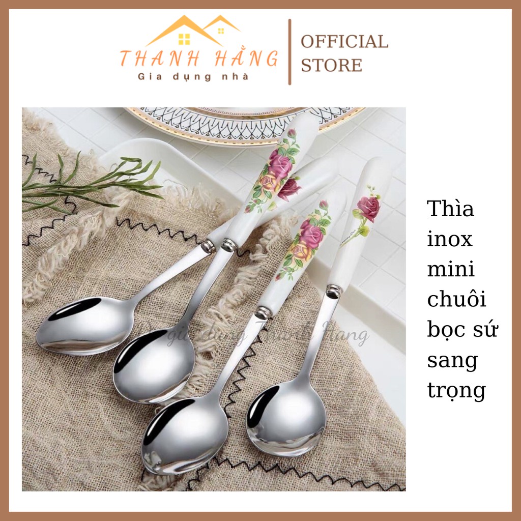 Thìa dĩa inox bọc sứ hoa sang trọng freeship thìa uống trà ăn bánh nĩa ăn hoa quả đẹp mini