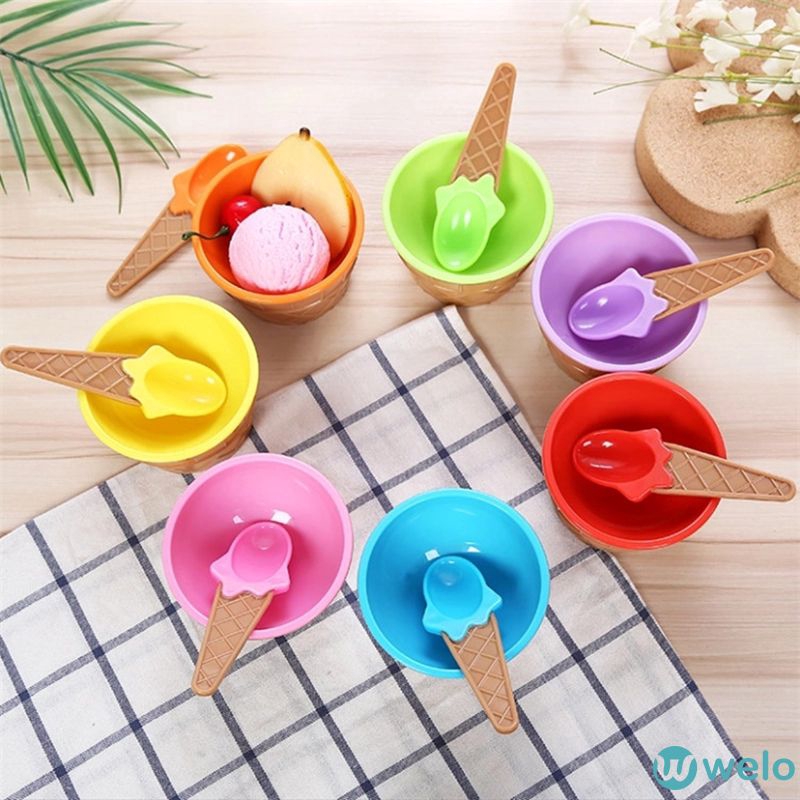 Bộ Chén Và Muỗng Ăn Tráng Miệng Hình Cây Kem Xinh Xắn