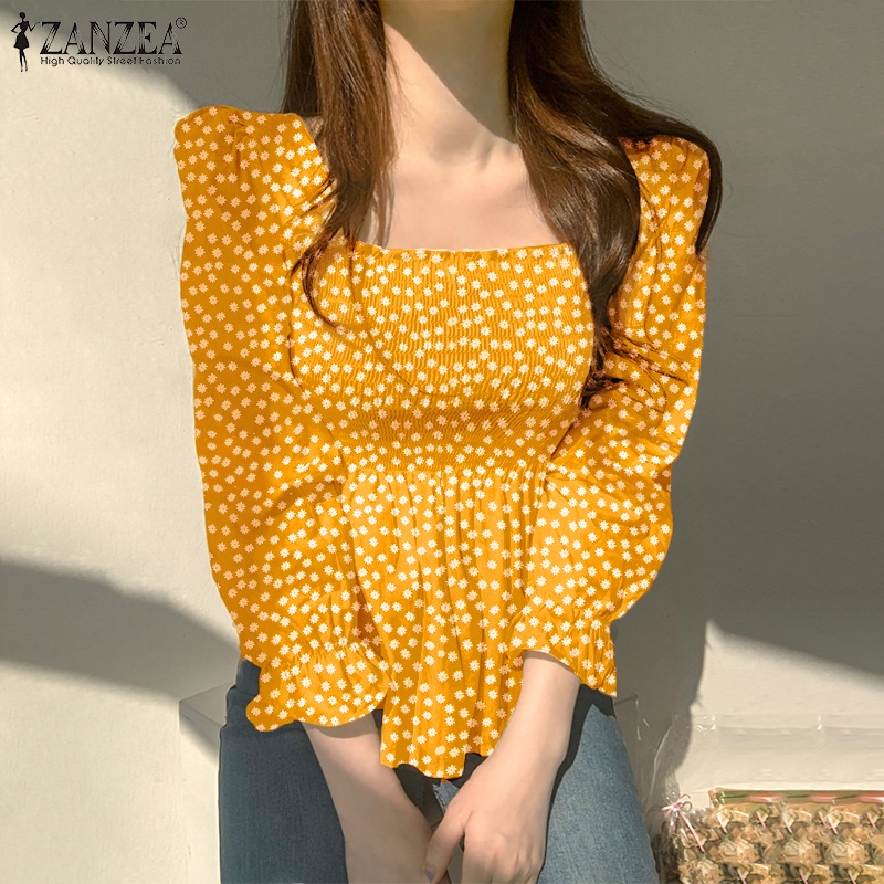 ZANZEA Áo Kiểu Tay Dài Cổ Vuông In Họa Tiết Phong Cách Hàn Quốc Thời Trang Cho Nữ