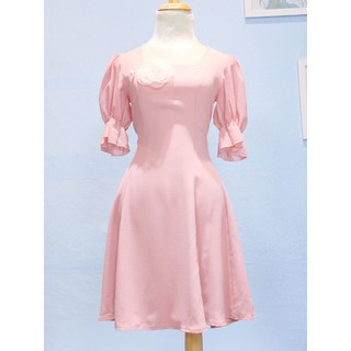 [FREESHIP] Đầm Xòe Hồng Cánh Sen Cổ Vuông Tay Phồng Đính Nơ Chất Đũi Lụa Mềm MỊn Co Dãn - Ảnh Thật