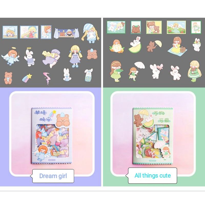 Set 45 miếng sticker hình dán hoạ tiết hoạt hình gấu &amp; thỏ dễ thương
