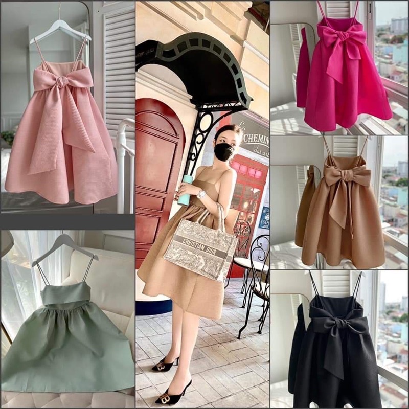 Đầm babydoll 2s nơ lưng to , đầm 2 dây nơ vãi xốp