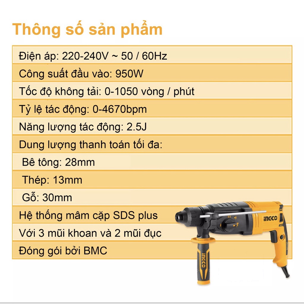 Máy khoan đục bê tông 950W Ingco RGH9528