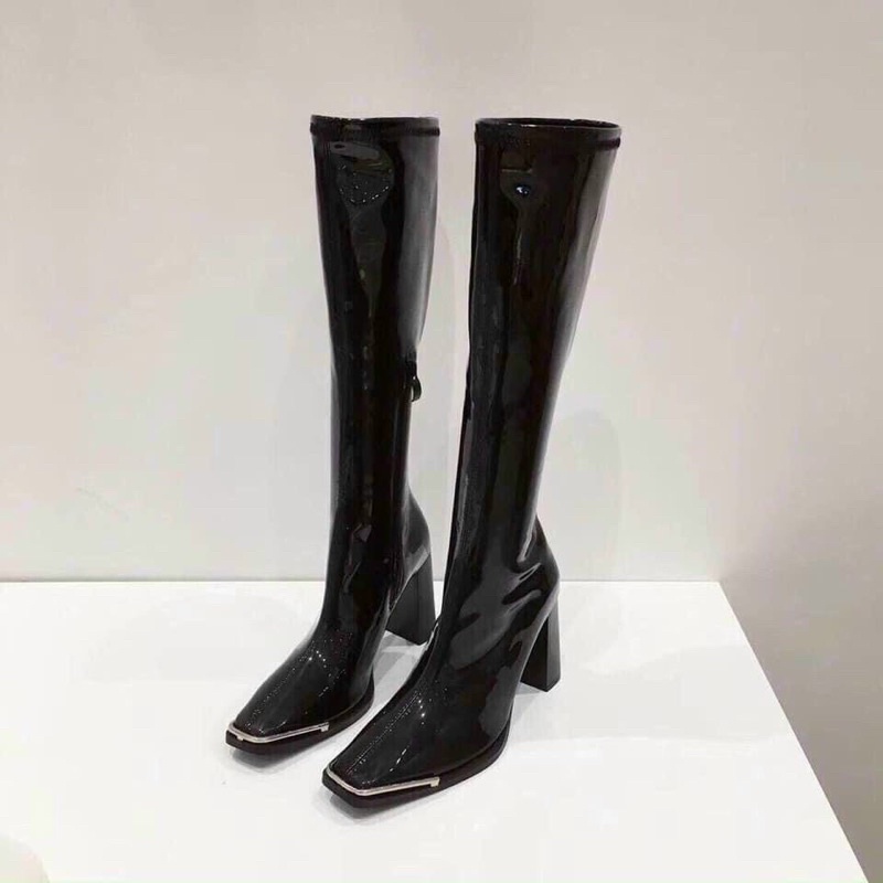 {MS 2082} BOOTS ĐÙI NỮ -BOOT ĐÙI NỮ  CỔ LỬNG MŨI VUÔNG BỌC KIM LOẠI DA BÓNG FORM TO HÀNG XUẤT LOẠI 1