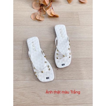 (S70) Dép lê xỏ ngón nữ nơ nạm đinh vàng dẹt lòng hạt tròn (D.220)