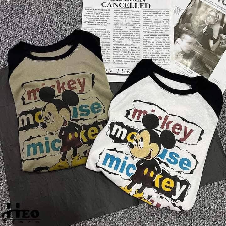 Áo phông phối màu pha cổ viền mickey