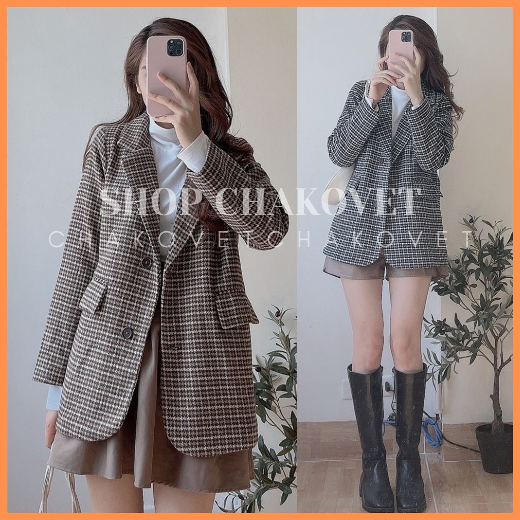 Áo blazer dạ kẻ nữ AD8113, kiểu áo vest dạ kẻ túi nắp thiết kế 2 lớp dài tay 2 cúc đẹp cá tính style hàn quốc