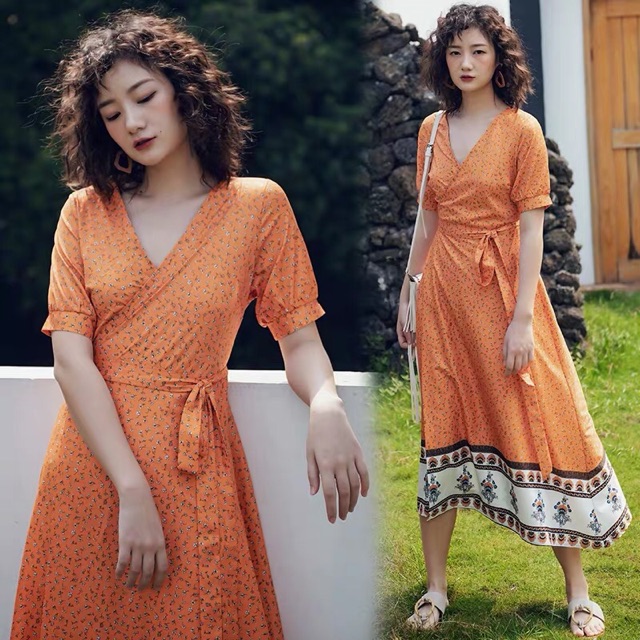 (sẵn M) Váy đầm boho maxi xẻ tà đắp chéo cổ V thắt eo thổ cẩm dáng dài bohemians đi du lịch