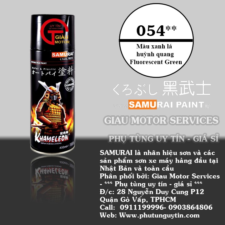 54 _ Sơn xit Samurai 54** màu xanh lá huỳnh quang  _ Fluorescent Green   sơn mâm xe máy và nhựa_ Tốt, giá rẻ, ship nhanh