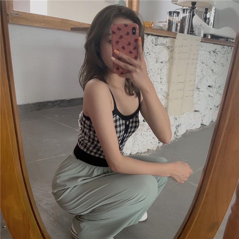 Áo Dệt Kim Hai Dây Dáng Ngắn Cài Nút Họa Tiết Trái Tim Thời Trang Mùa Hè Cho