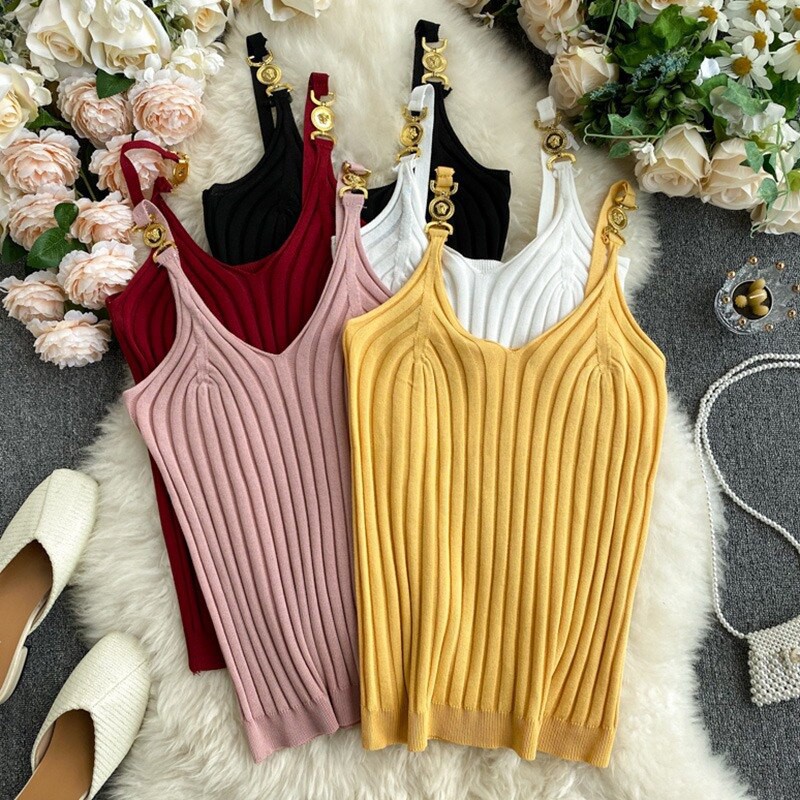 Áo hai dây dệt kim cổ chữ v kiểu dáng mùa hè quyến rũ cho nữ