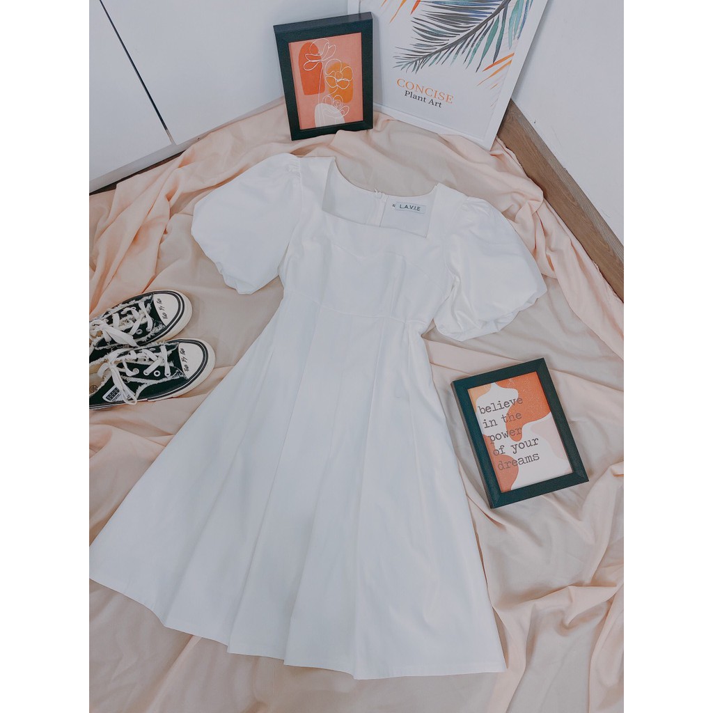 Đầm Cổ Vuông ⚡️FREESHIP⚡️ Tay Phồng Dáng Xòe Tà Xếp Ly | BigBuy360 - bigbuy360.vn