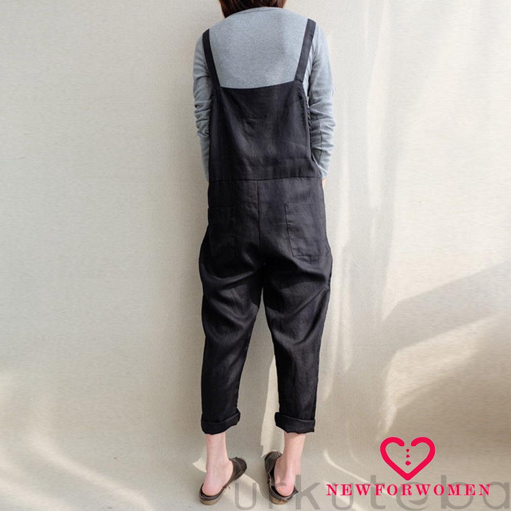 NFW♥Womens Loose Cotton Linen Strappy Jumpsuit Overalls Casual Long Harem Trousers with Pockets