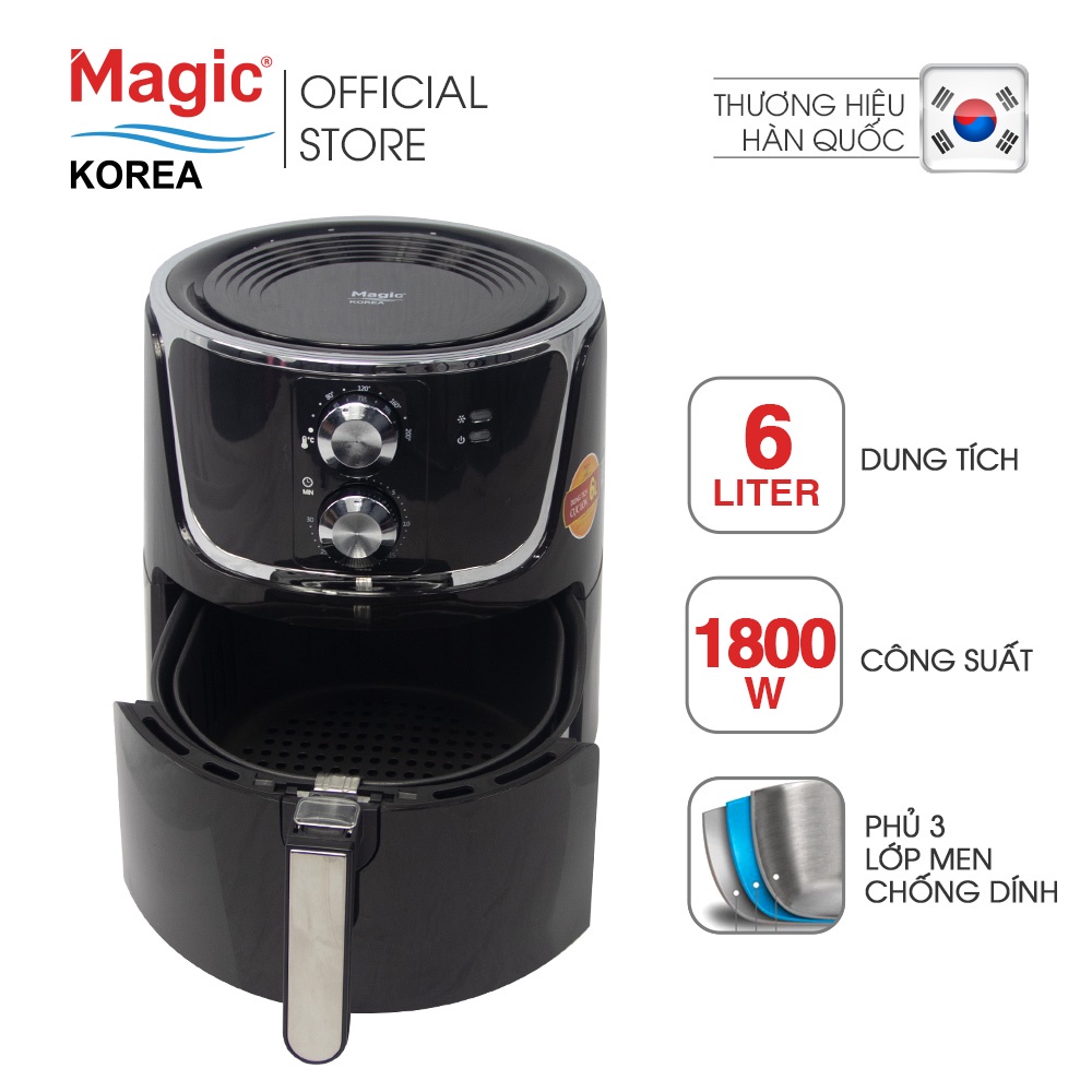 Nồi chiên không dầu Magic Korea A-801 Đen 6L cho gia đình 6-8 người,chiên nướng nguyên con gà 1.8kg - Hàng chính hãng