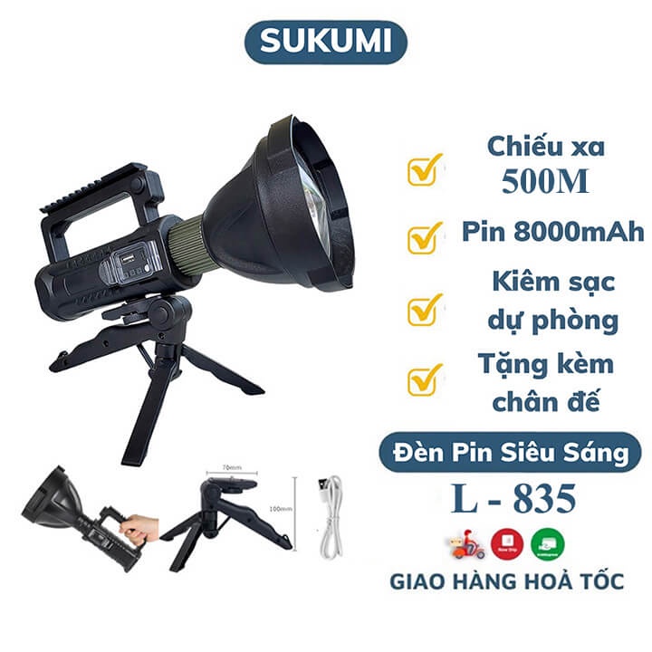 Đèn pin cầm tay siêu sáng có chân đếm L 835 chiếu xa 500m, chống thấm nước, đèn pin xách tay pin khủng 8000mAh