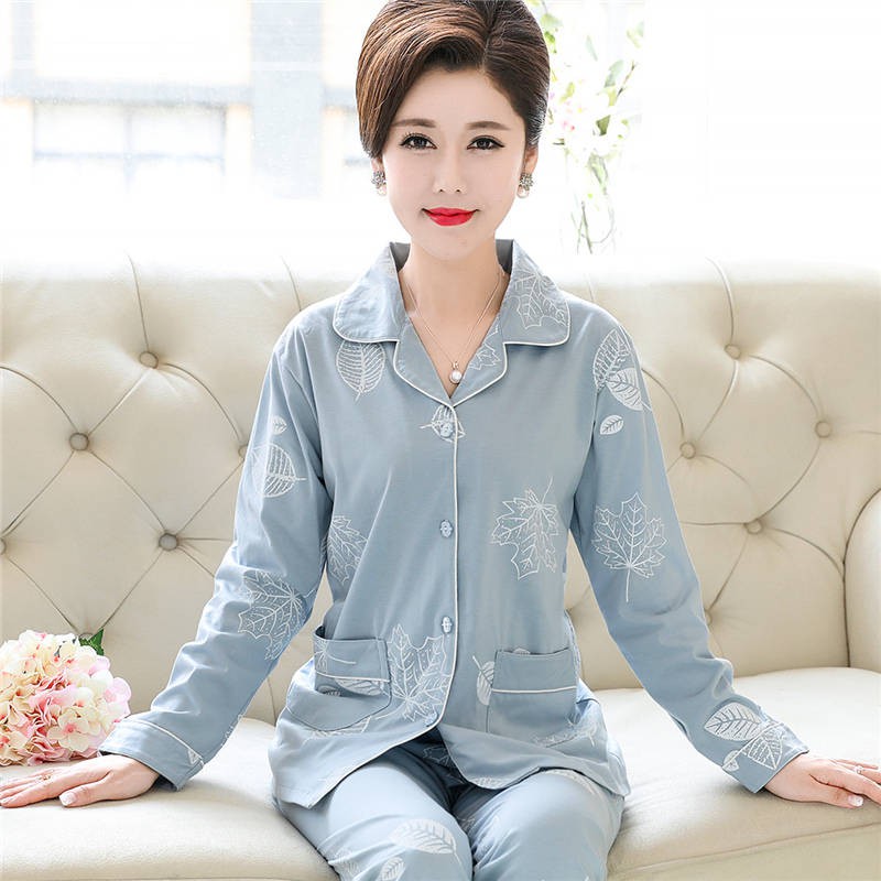 Bộ Đồ Ngủ Tay Dài Vải Cotton Thời Trang Xuân Thu Cho Phụ Nữ Trung Niên Plus Size
