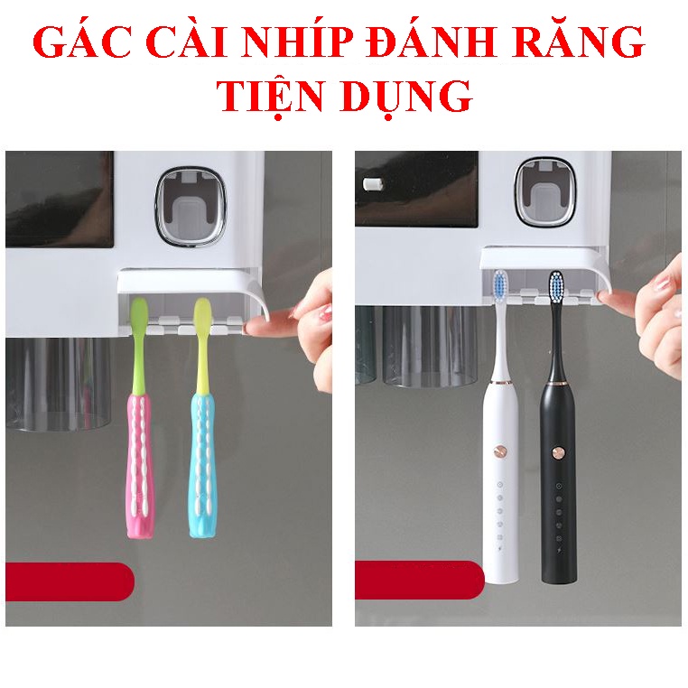 Kệ dán tường nhà tắm thông minh bộ 4 cốc đế từ hút, nhả kem đánh răng tự động tiện lợi, nhựa không gây hại sức khỏe