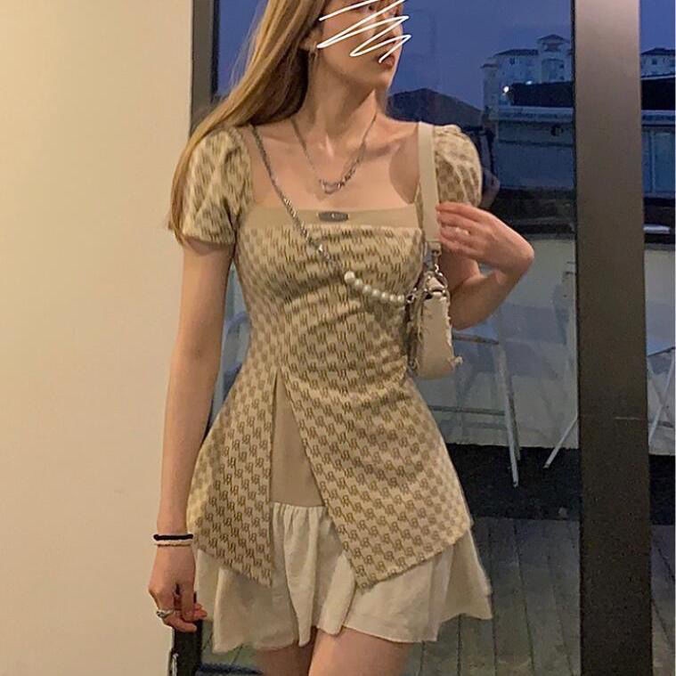 COZOK Đầm Tay Ngắn Cổ Vuông Thiết Kế Lệch Tà Kiểu Vintage Sành Điệu