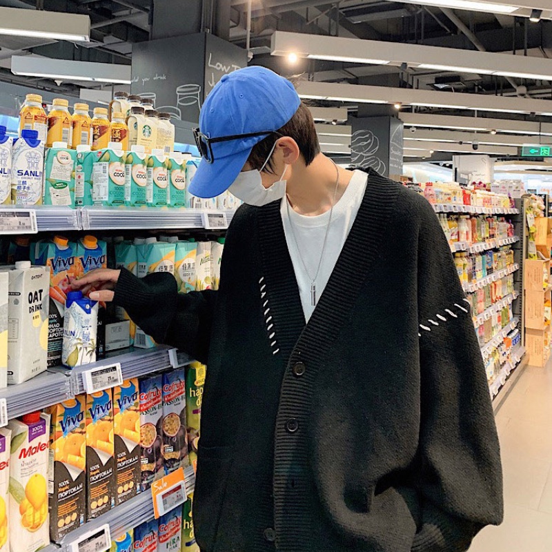 Áo khoác cardigan nam tay dài cổ chữ V màu đen phong cách Harajuku Hàn Quốc