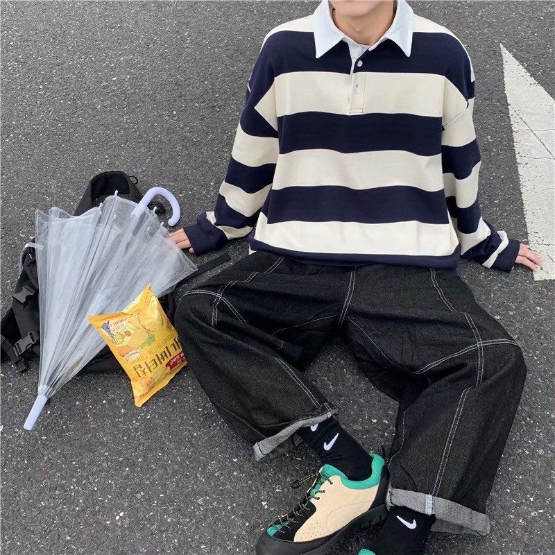 Áo sweater cổ polo kẻ