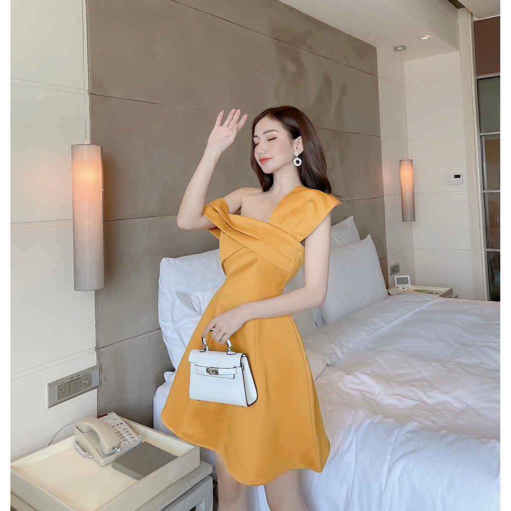 [HÀNG THIẾT KẾ CAO CẤP] Đầm Xòe Lệch Vai Đi Tiệc Sang Trọng Màu Hồng | BigBuy360 - bigbuy360.vn