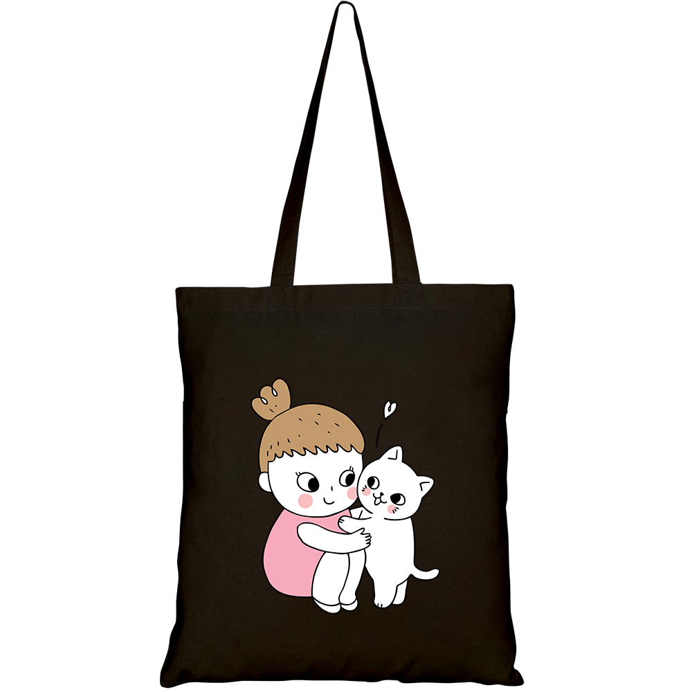 Túi vải tote canvas HTFashion in hình cartoon cute girl cat vector HT92