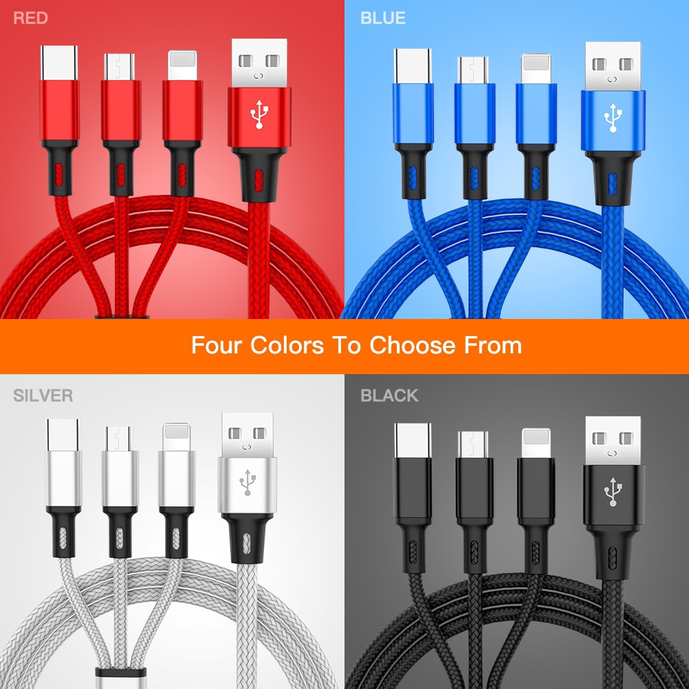 3 in 1 Micro USB Cable For Android USB TypeC Mobile Phone Cables 120CM