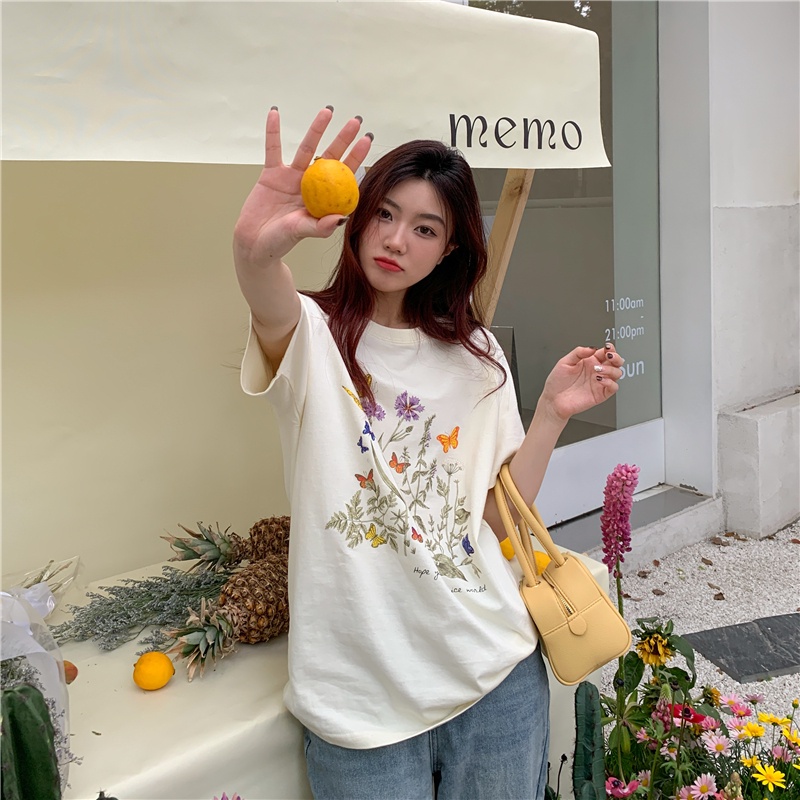 Áo thun SUXI cotton tay ngắn cổ tròn in họa tiết hoa phong cách Hàn Quốc trẻ trung cho nữ