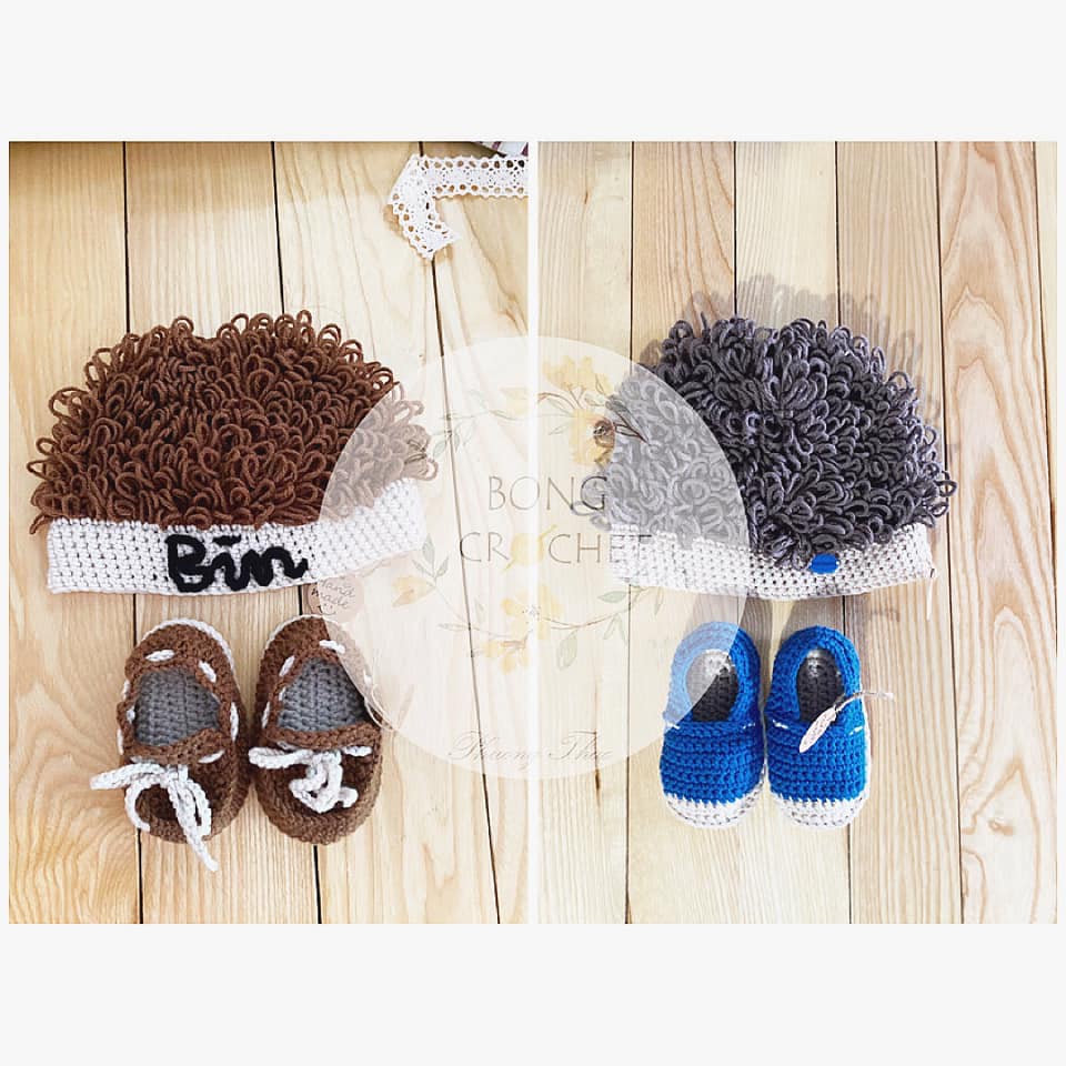 Set mũ - giày len tóc xoăn (có viền) xinh cho bé yêu (crochet)