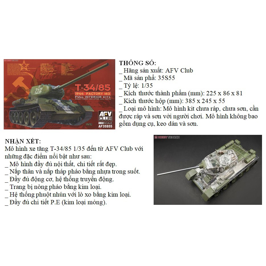 AFV Club 35S55 Mô Hình Xe Tăng 1/35 T-34/85 183 Factory Clear Molding Limited Edition