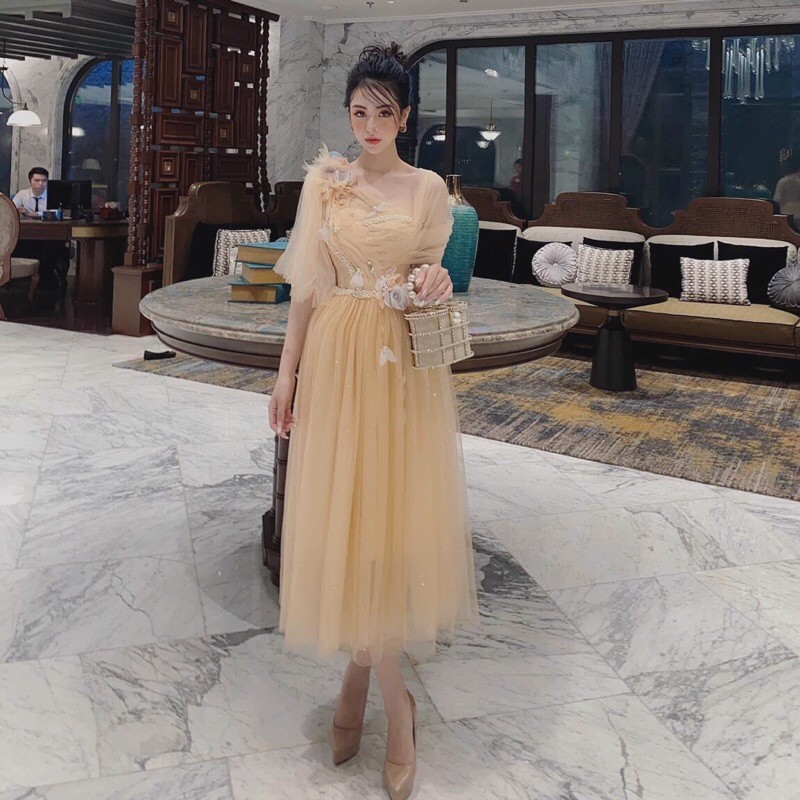 ĐẦM XOÈ DỰ TIỆC RỚT VAI KẾT HOA CƯỜM full size :S/M/L/Xl ( ẢNH VÀ VIDEO CHỦ SHOP TỰ CHỤP 1000%