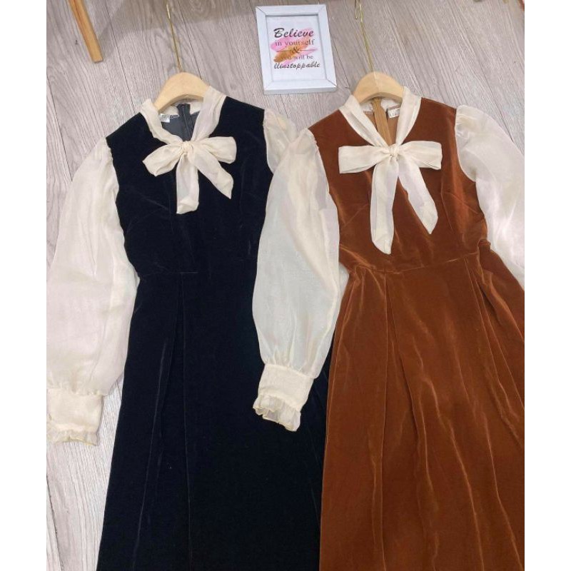 Váy dạ nhung nơ phối siêu sang chảnhChất dạ nhung qc siêu dầy đẹp lên phom cứng y mẫuMay khoá lưng lé nơ y ảnh