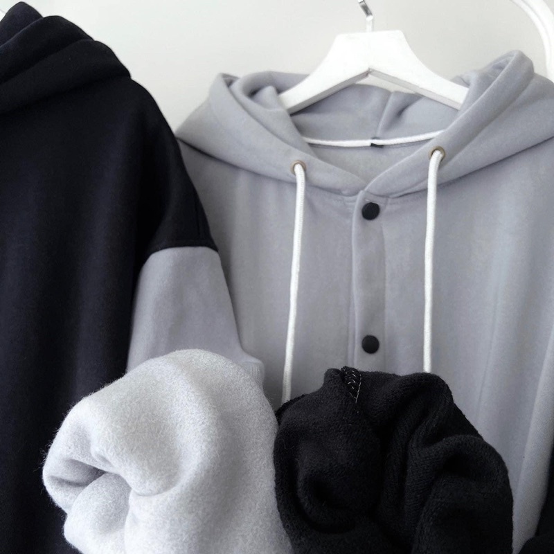 [sẵn] Áo Khoác Nỉ Nút Gài Phối Màu Xám Đen - pqk boutique