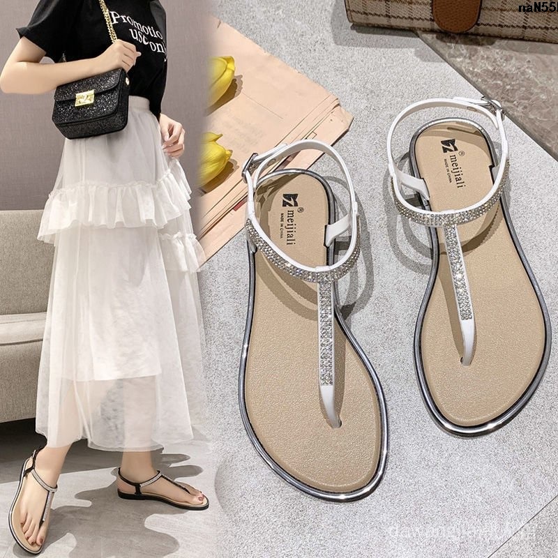 Giày Sandal Đế Bằng Đính Đá Thời Trang Đi Biển Mùa Hè 2022 Cho Nữ