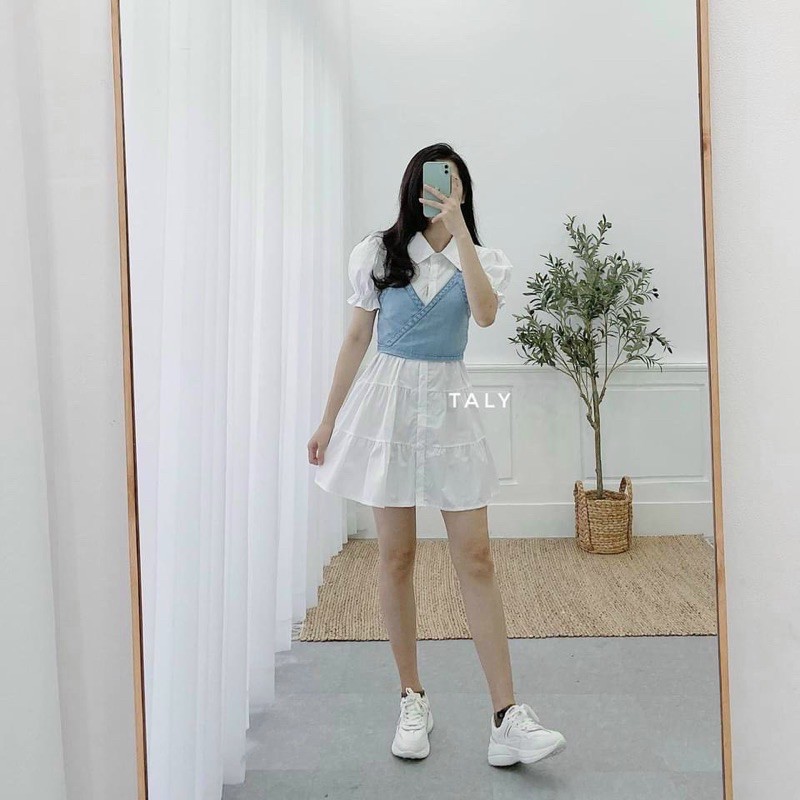 Set đầm trắng xoè cổ sơmi + áo gile denim cột nơ lưng
