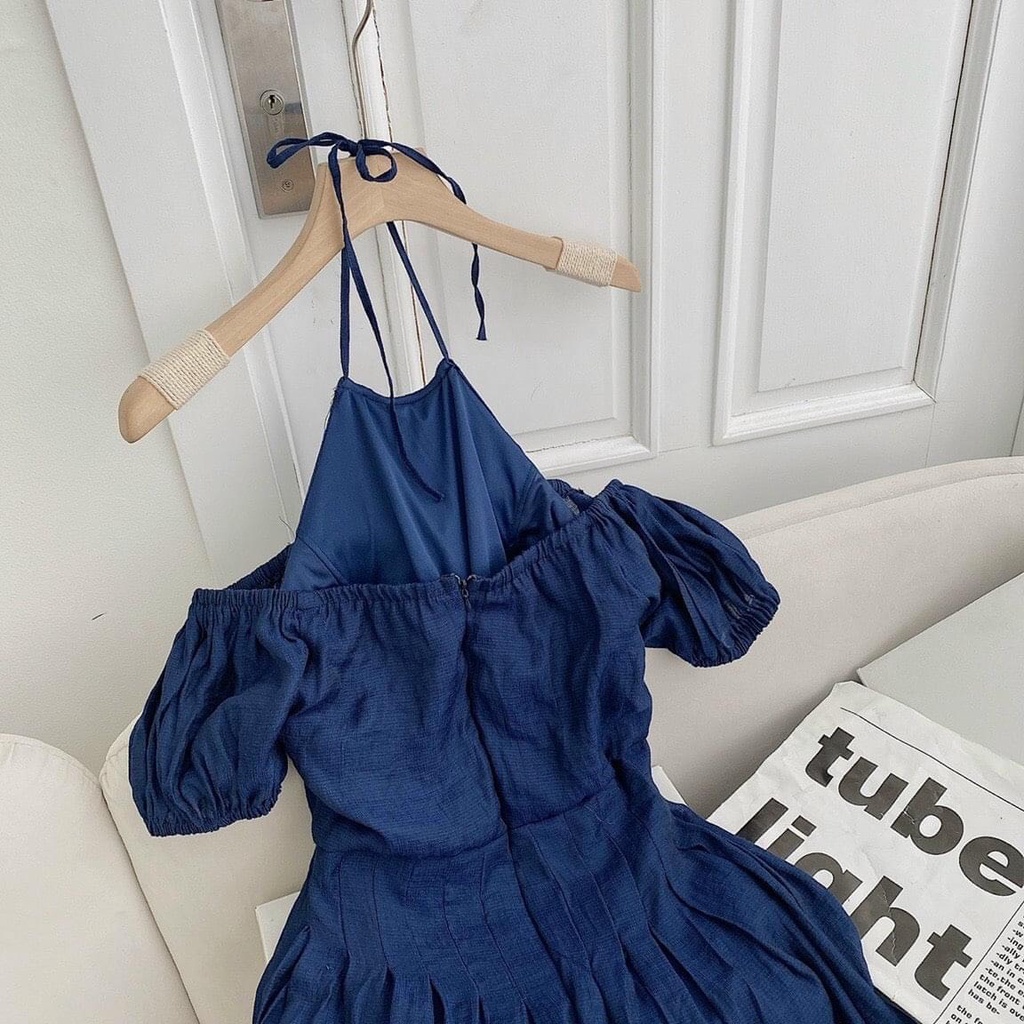 Váy thô cổ yếm đâm dáng xoè trễ vai sang chanh , váy trễ vai tay bồng tiểu thư màu xanh than đẹp hàng hai lớp-Minxy shop