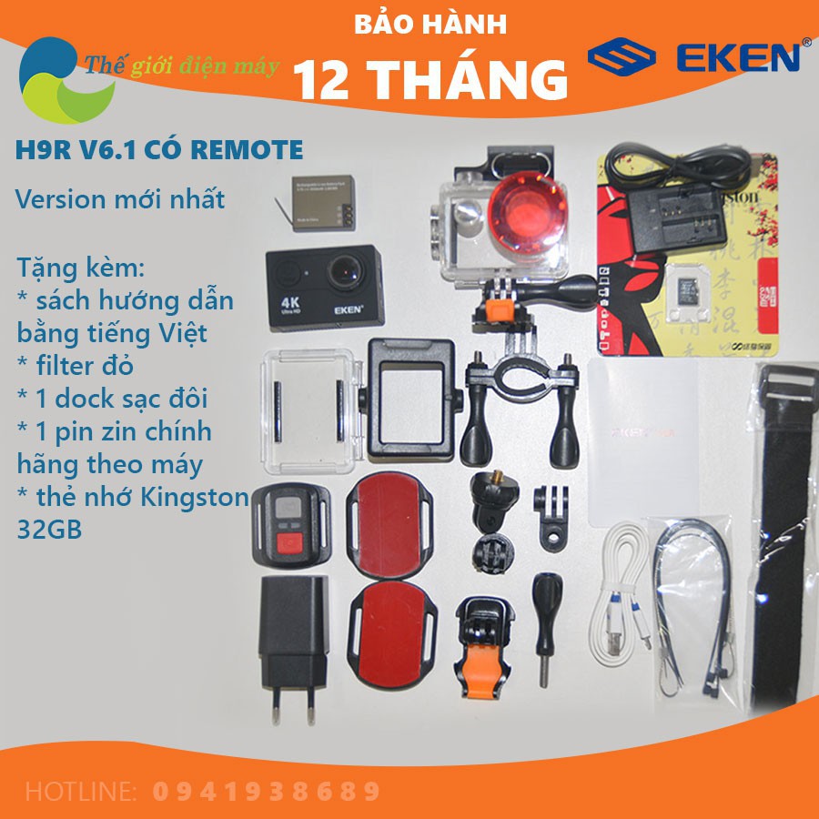 Camera thể thao Eken H9R(có remote) version 8.1 tặng filter đỏ, dock sạc đôi và pin 1050 và thẻ nhớ kingston 32GB HOT