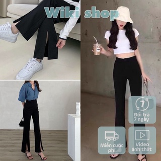 Quần dài nữ ống loe xẻ trước Wikishop cạp cao màu đen chất tuyết mưa tôn dáng phong cách ulzzang công sở