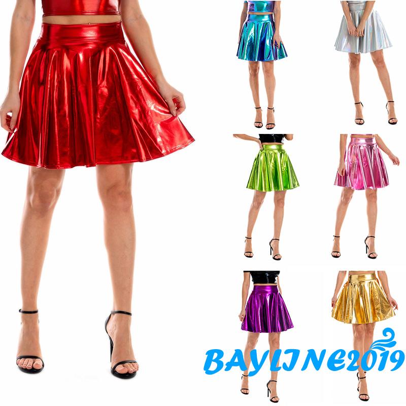 BAY-Váy xếp ly mini màu trơn sáng bóng màu đỏ tím xanh lá bạc vàng)