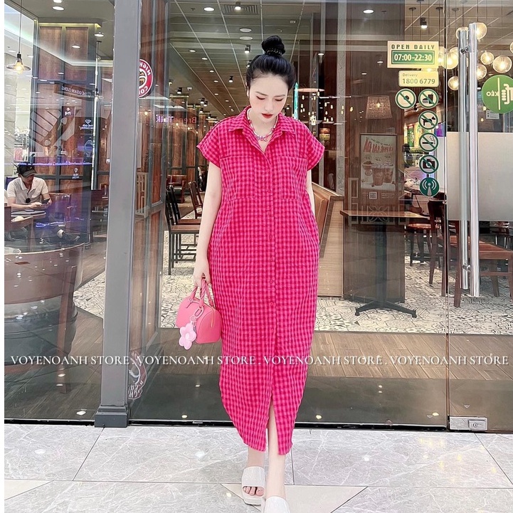 Đầm sơ mi LINH RUBI STORE váy dáng suông dài có túi cạnh họa tiết kẻ caro chất thô mềm cao cấp V291