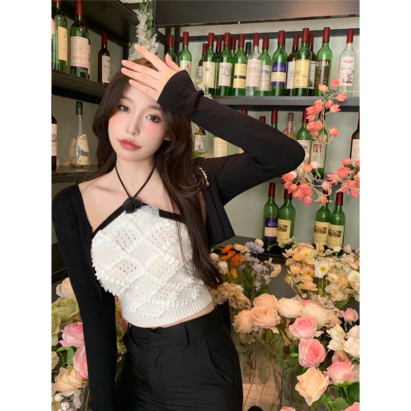 Bộ Áo Khoác cardigan Dệt Kim + Áo Hai Dây Màu Trơn Đơn Giản Thời Trang Hàn Quốc Cho Nữ