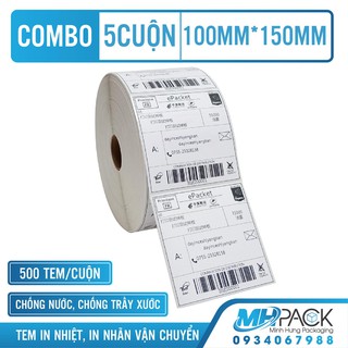 Giấy in nhiệt tem in nhiệt có sẵn keo tem vận đơn TMĐT [5 CUỘN/XẤP] khổ 100x150mm 500 tem