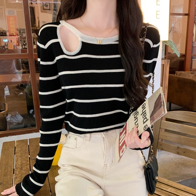 Áo Thun Tay Dài Dệt Kim Họa Tiết Sọc Trắng Đen Thời Trang Hàn Quốc Cho Nữ