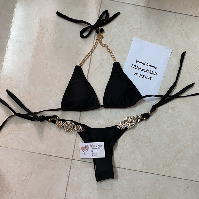 [BKN907] &lt;ÂU&gt; SET BIKINI ĐEN MIX ĐÁ QUAI XÍCH QUẦN THONG/LỌT KHE