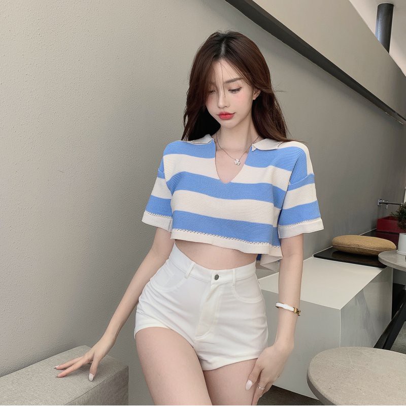 Cocory vn Áo croptop cổ chữ V dệt kim họa tiết kẻ sọc trẻ trung xinh xắn cho nữ