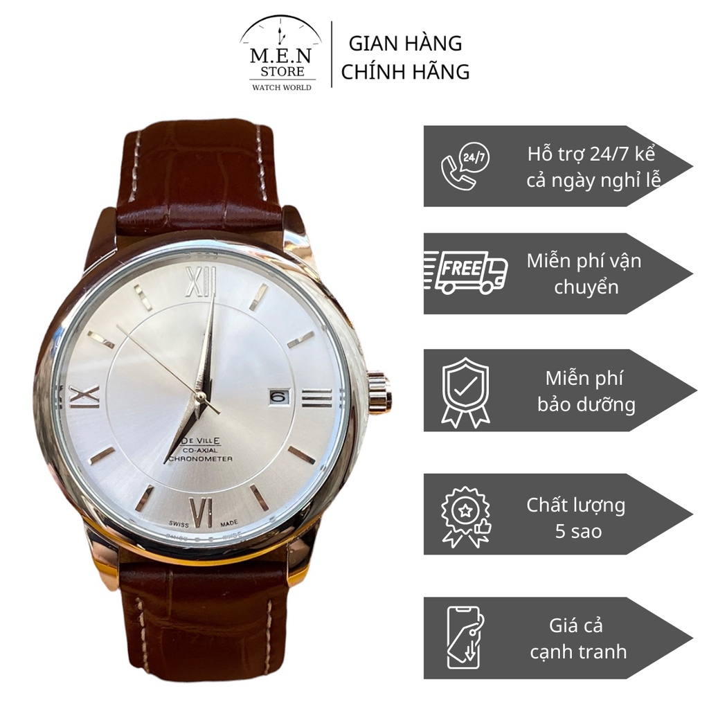 Đồng hồ De dây da nâu mặt kính chống xước sang trọng