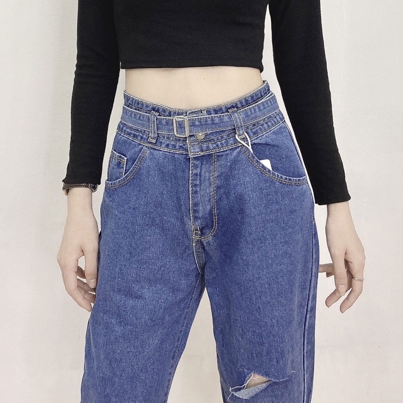 Quần baggy nữ cạp cao ống suông cắt lai cá tính phong cách Hàn quốc M Fashion 3174