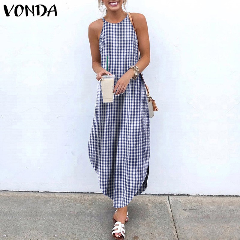 VONDA Đầm Dài Sát Nách Hoạ Tiết Ca Rô Ca Rô Thời Trang Mùa Hè Cho Nữ | BigBuy360 - bigbuy360.vn