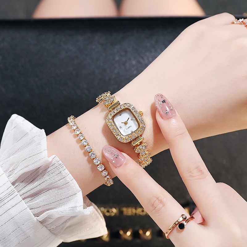 Đồng hồ đeo tay mặt vuông đính đá nhân tạo thời trang dành cho nữ